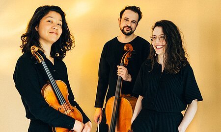 Die drei Musiker des Avin Trio mit Instrumenten in lachender Haltung