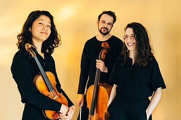 Die drei Musiker des Avin Trio mit Instrumenten in lachender Haltung